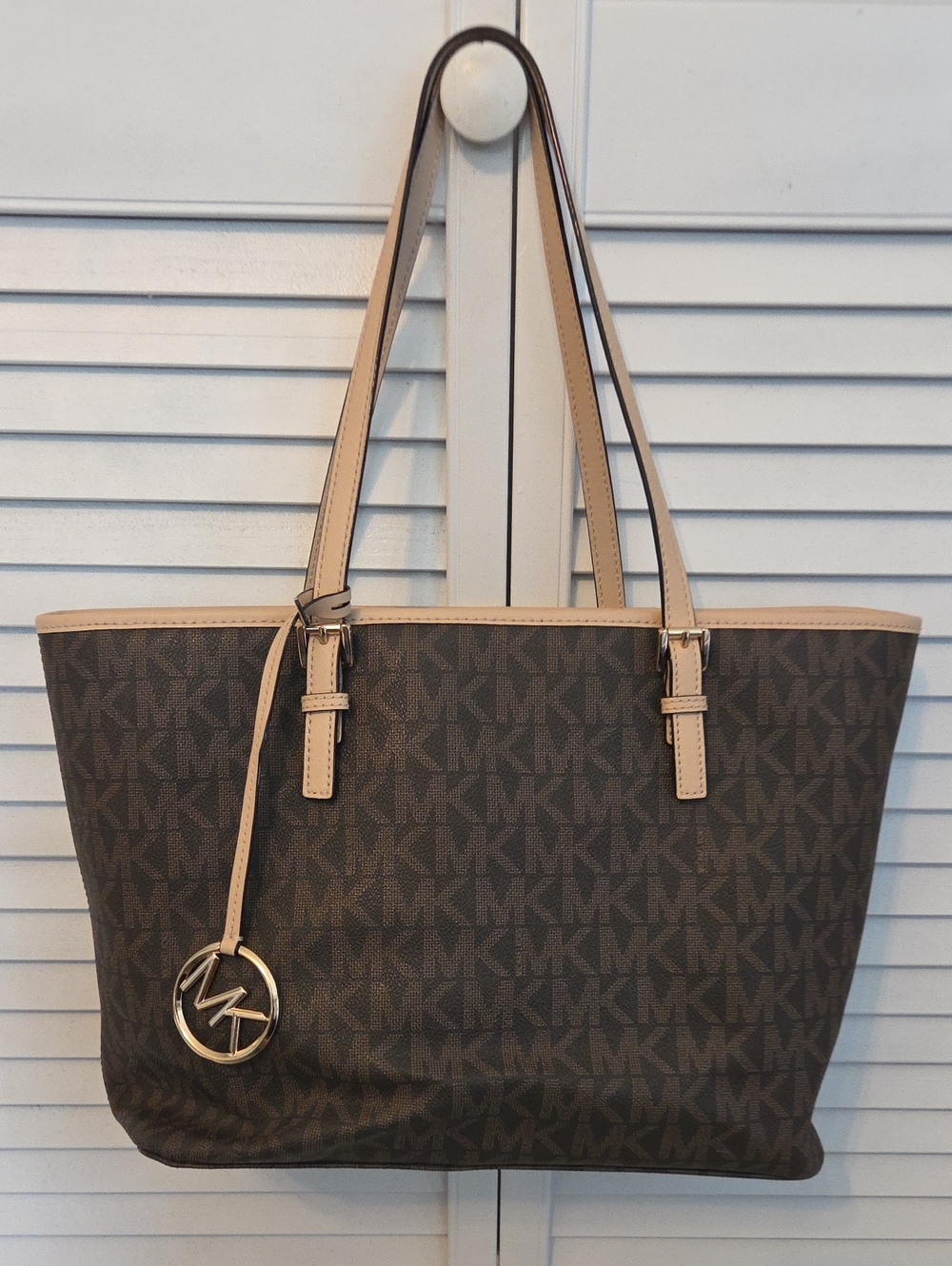 Michael Kors Brown MK Logo Tote with Beige Trim and Gold Charm